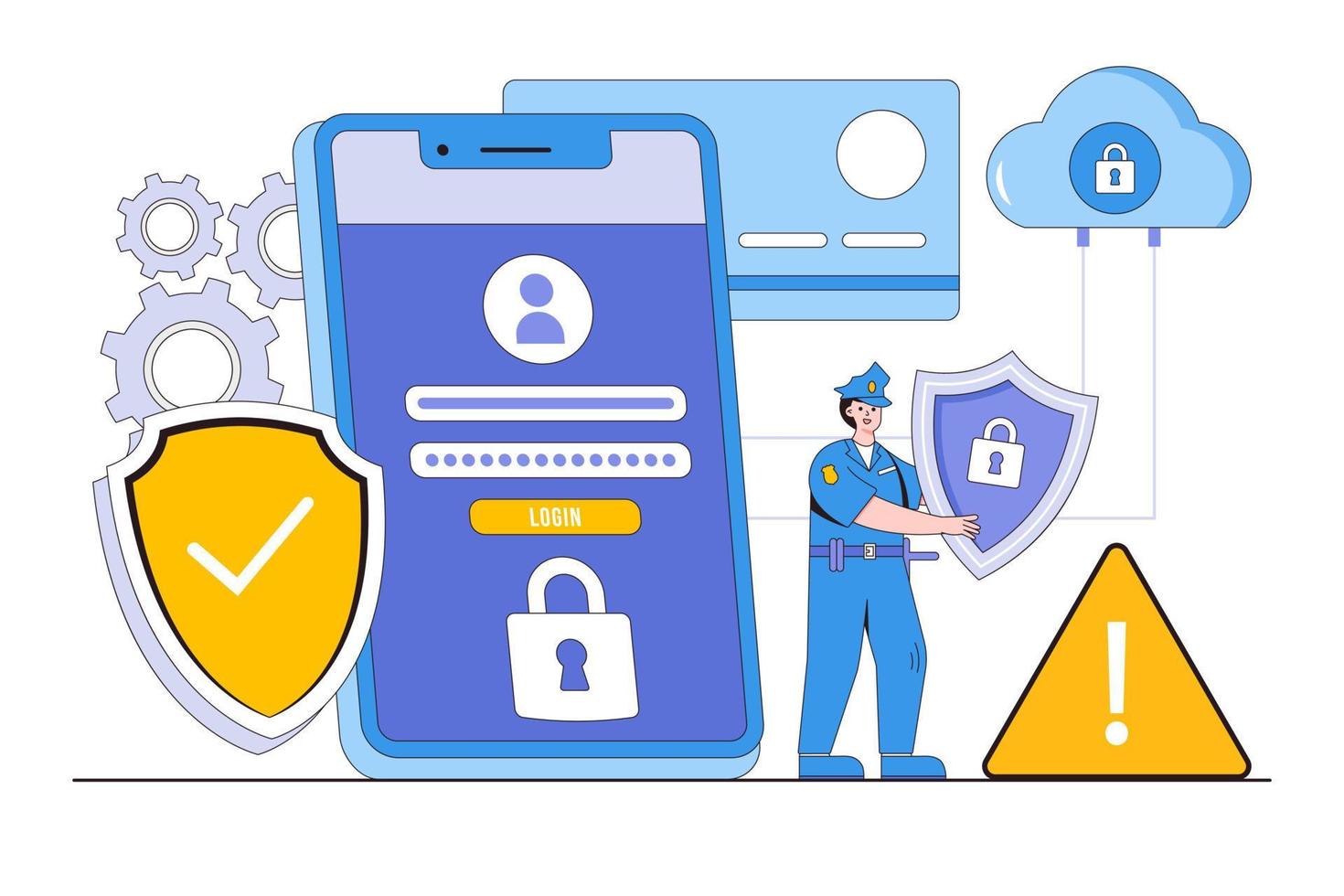 seguridad de datos plana global, personal o cibernética en línea, seguridad de Internet o privacidad de la información y concepto de protección. estilo de diseño de esquema para página de inicio, banner web, infografía, imágenes de héroe vector