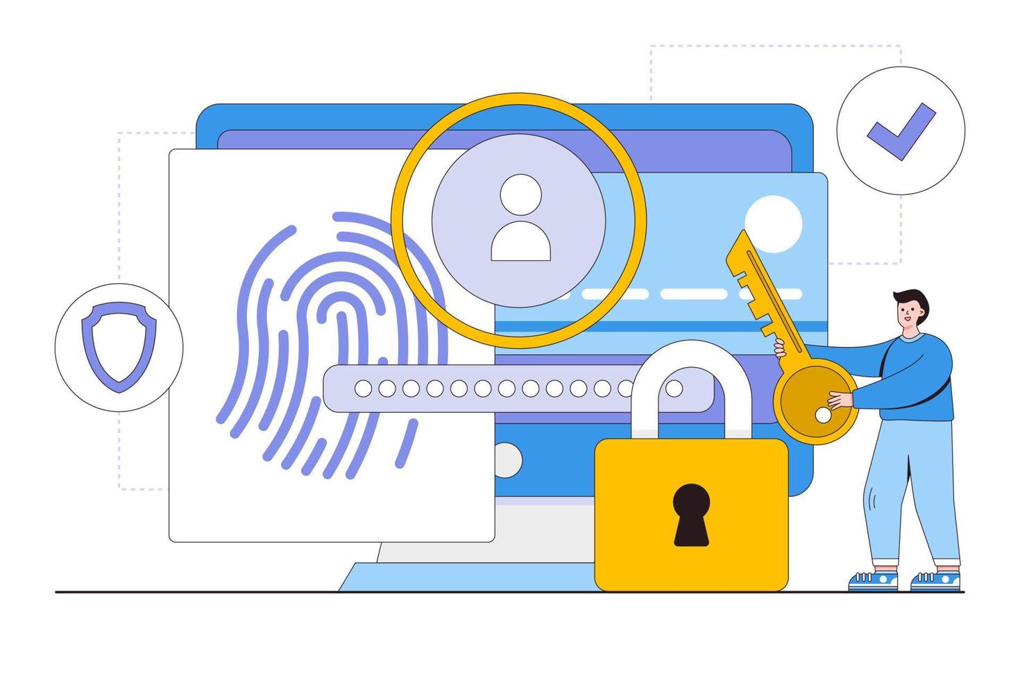 Flat personal data protection concept with people characters. Outline design style minimal vector illustration for landing page, web banner, infographics, hero images