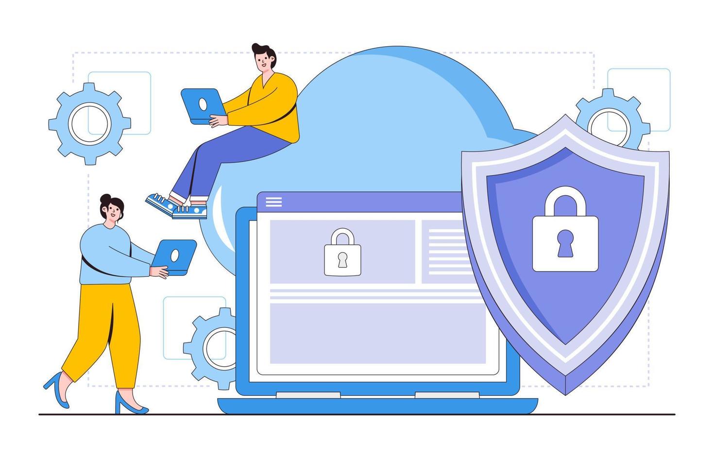 Flat cloud computing security concept with people characters. Outline design style for landing page, web banner, infographics, hero images vector