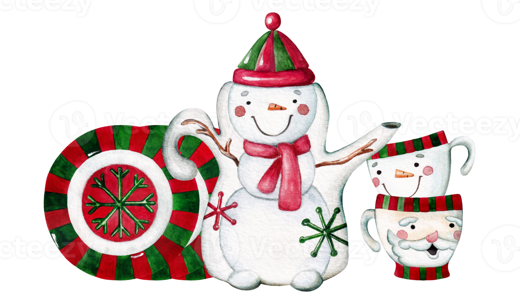 Watercolor illustration of christmas ceramic kitchenware in cartoon style. Snowman and Santa Claus, kettle, plates and cups. png