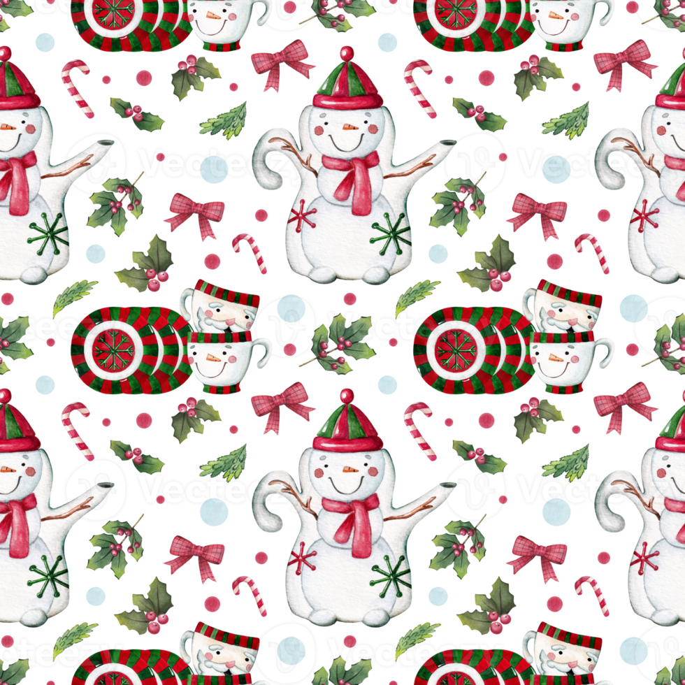 Watercolor seamless Christmas pattern with tableware, teapot, cups, fir branches, berries, candies and holly. png