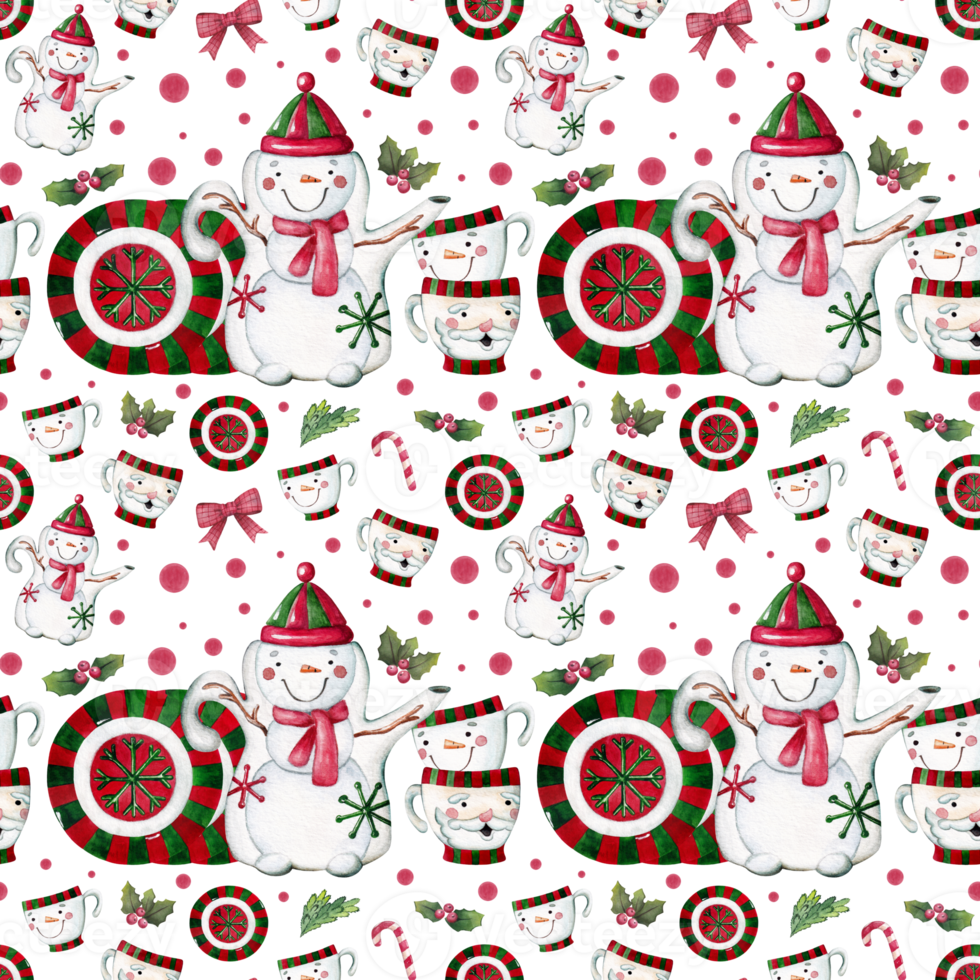 Watercolor seamless Christmas pattern with tableware, teapot, cups, fir branches, berries, candies and holly. png