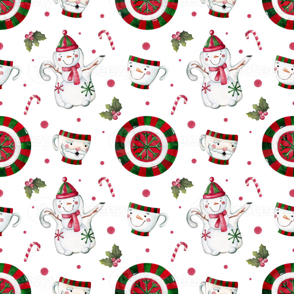 Watercolor seamless christmas pattern with tableware, teapot, cups, berries, candies and holly. png