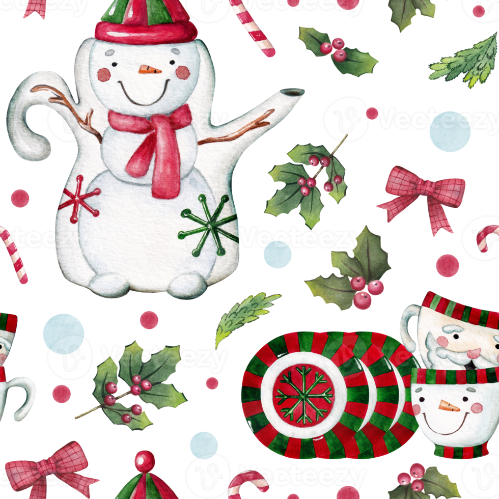 Watercolor seamless Christmas pattern with tableware, teapot, cups, fir branches, berries, candies and holly. png