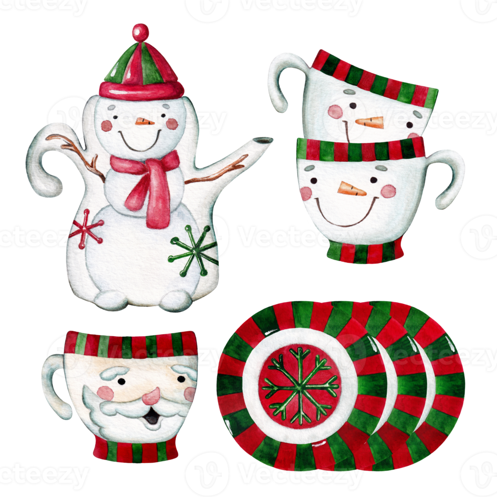 Set of watercolor christmas ceramic kitchenware in cartoon style. Snowman and Santa Claus, kettle, plates and cups. png