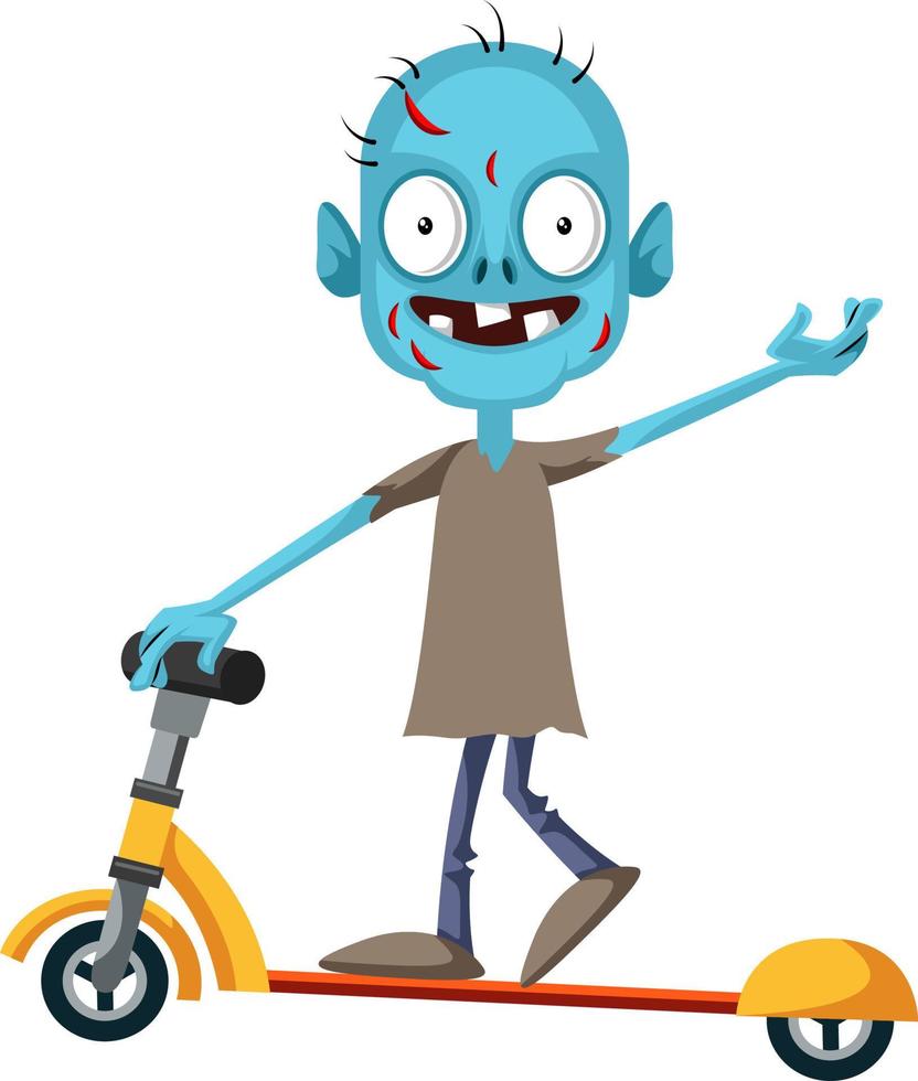 Zombie en scooter, ilustración, vector sobre fondo blanco.