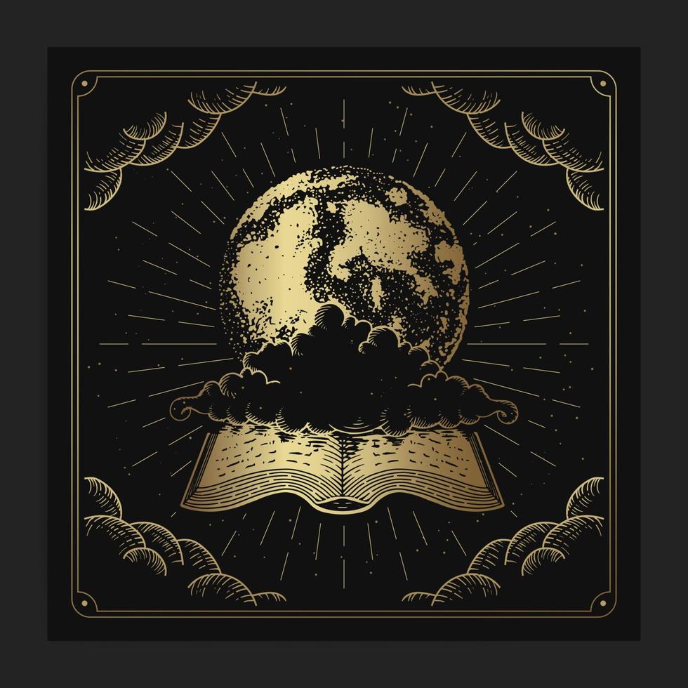 Earth or moon with magical old book in engraving style vector