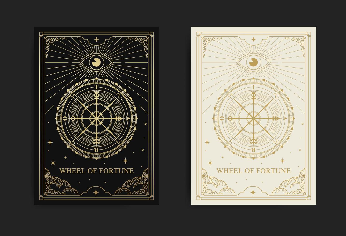 Wheel of fortune tarot card in engraving, luxury, esoteric, boho style. Suitable for spiritualists, psychics, tarot, fortune tellers, astrologers and tattoo vector