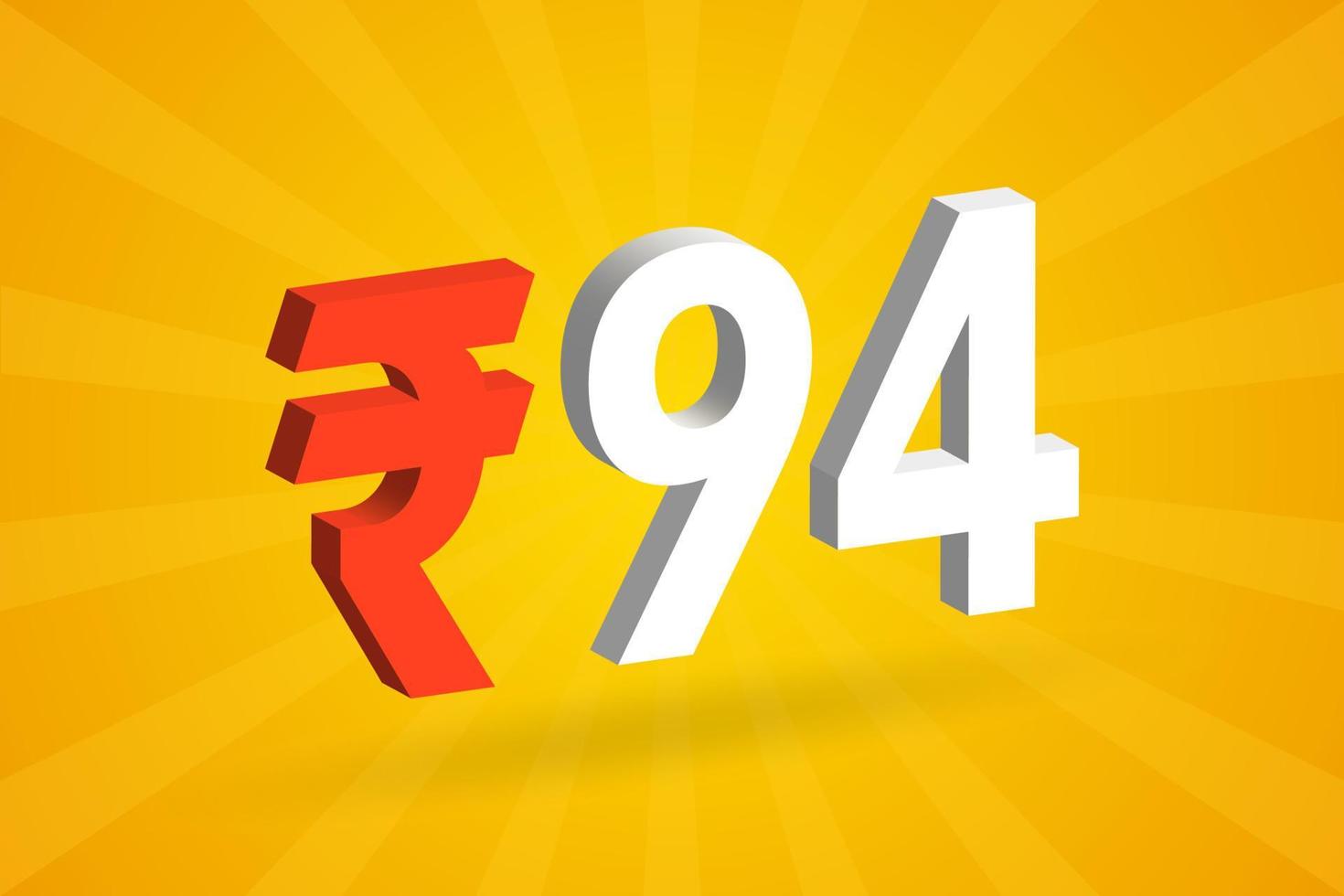 94 Rupee 3D symbol bold text vector image. 3D 94 Indian Rupee currency sign vector illustration