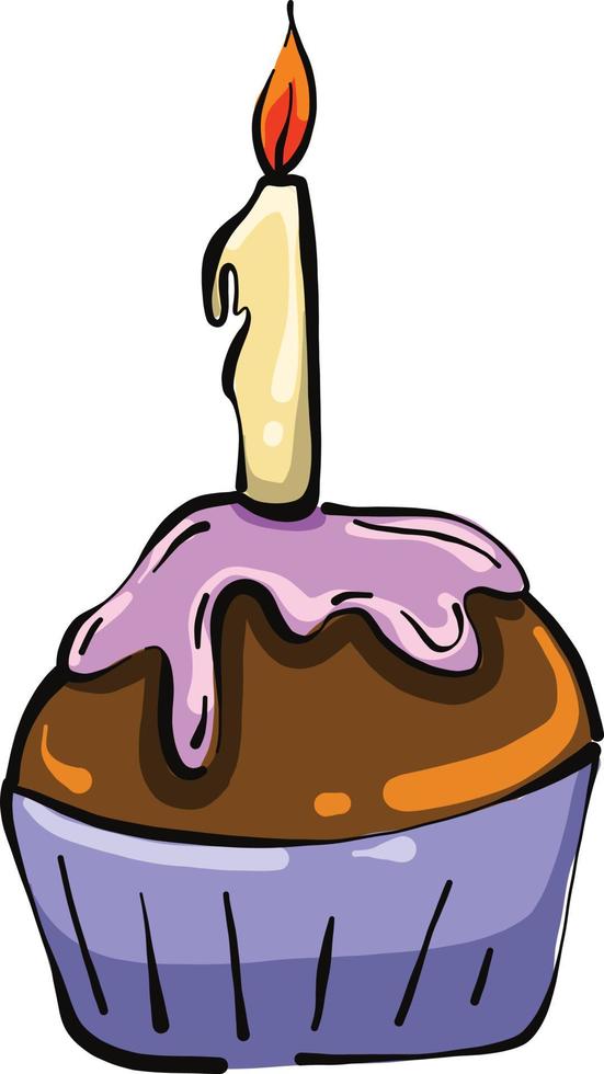 cupcake con una vela, ilustración, vector sobre fondo blanco.