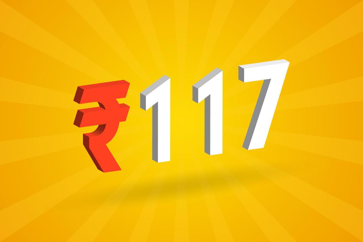 117 Rupee 3D symbol bold text vector image. 3D 117 Indian Rupee currency sign vector illustration