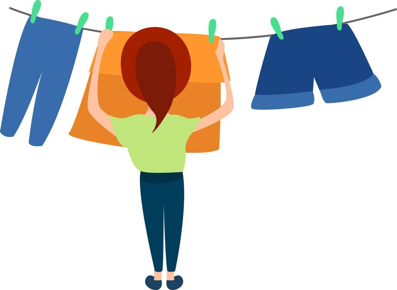 Woman drying clothes , illustration, vector on white background