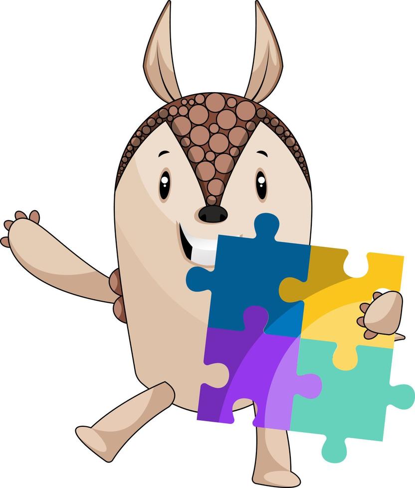 Armadillo with puzzle, illustration, vector on white background.