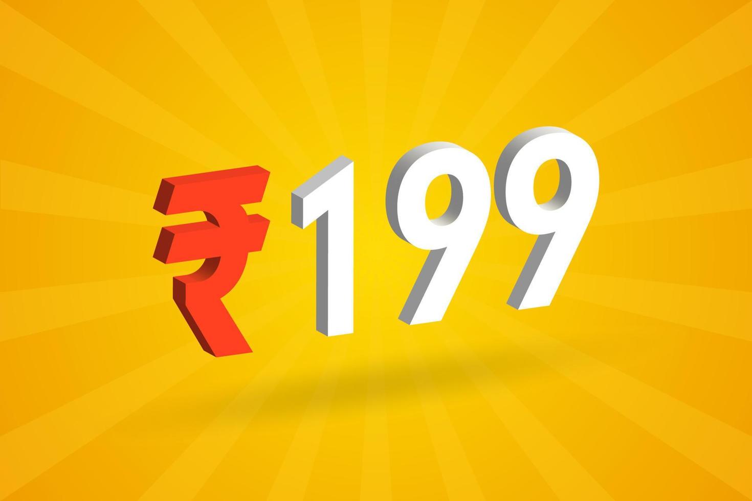 199 Rupee 3D symbol bold text vector image. 3D 199 Indian Rupee currency sign vector illustration