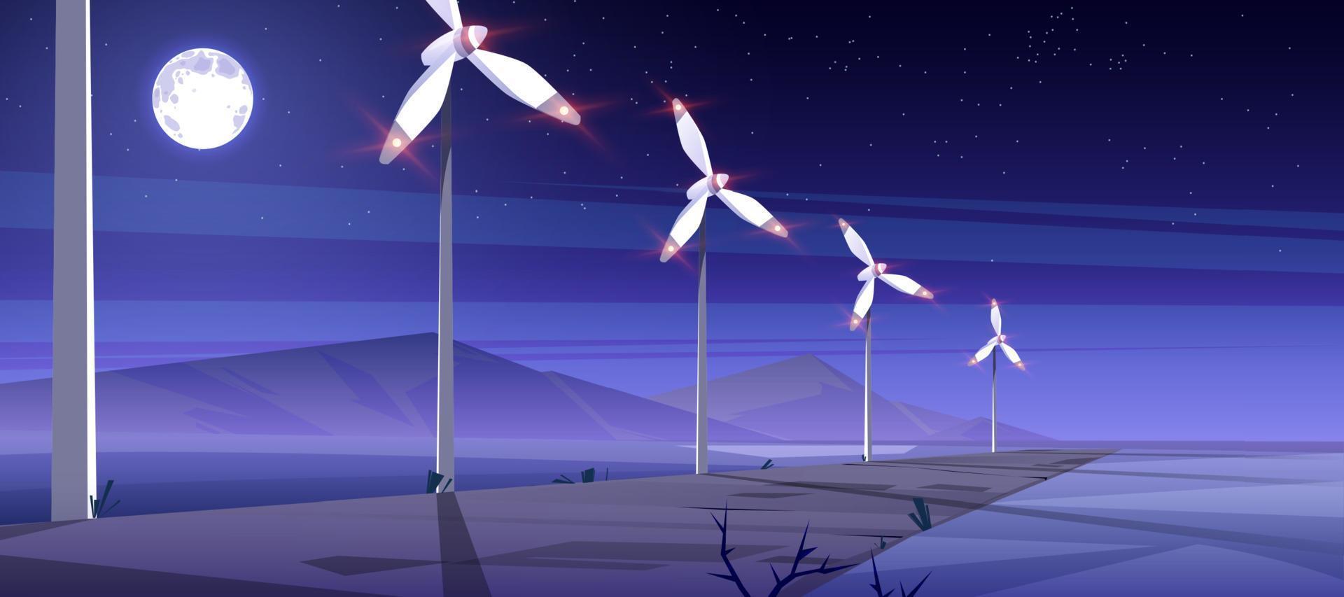 Energy farm with wind turbines at night vector