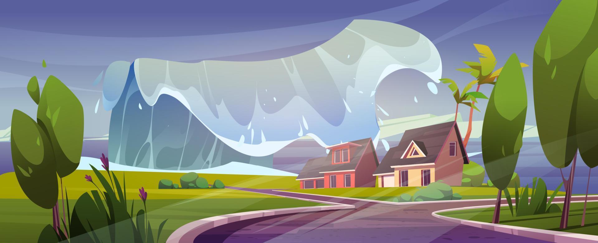 Tsunami wave on sea beach with houses vector