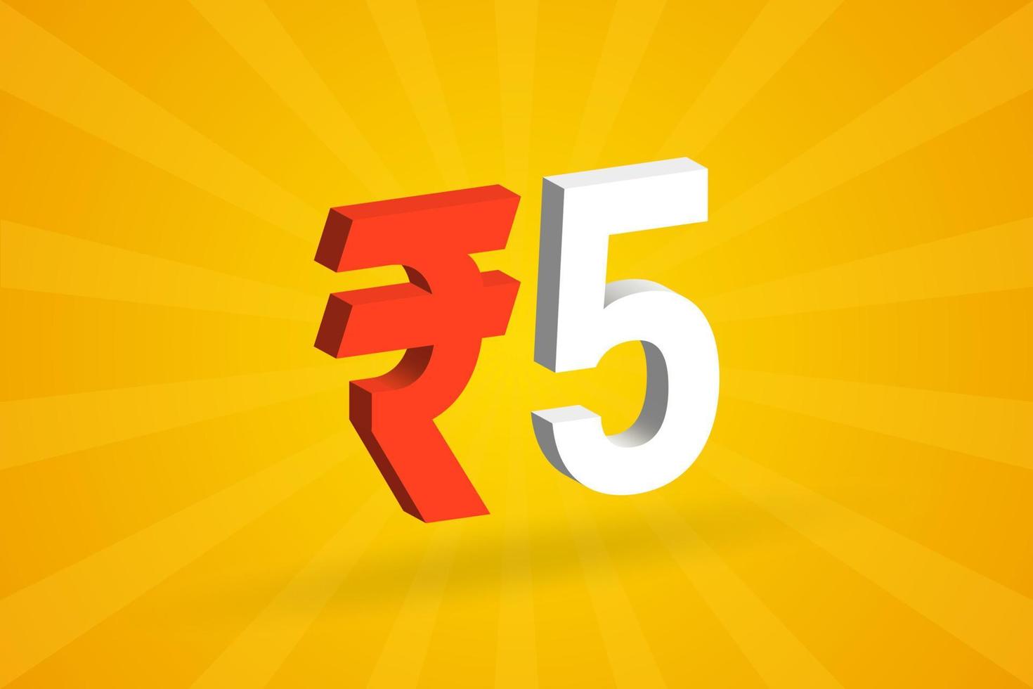 5 Rupee 3D symbol bold text vector image. 3D 5 Indian Rupee currency sign vector illustration