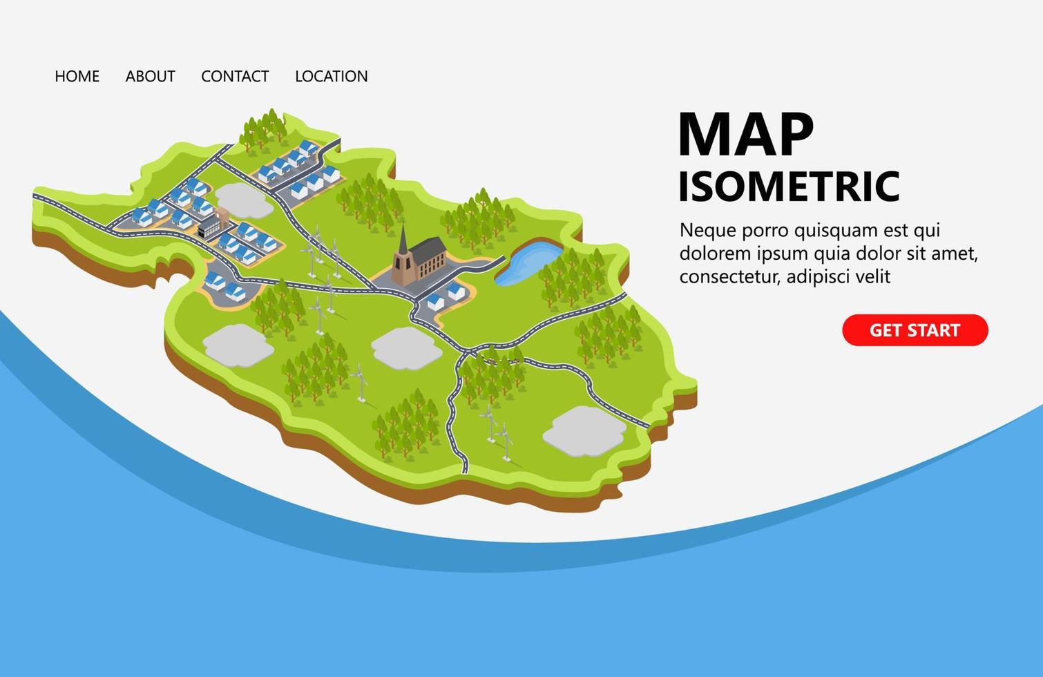 ilustración de un mapa rural con iglesia y molino de viento adecuado para la página de destino, volantes, infografías y otros vectores de activos relacionados con gráficos