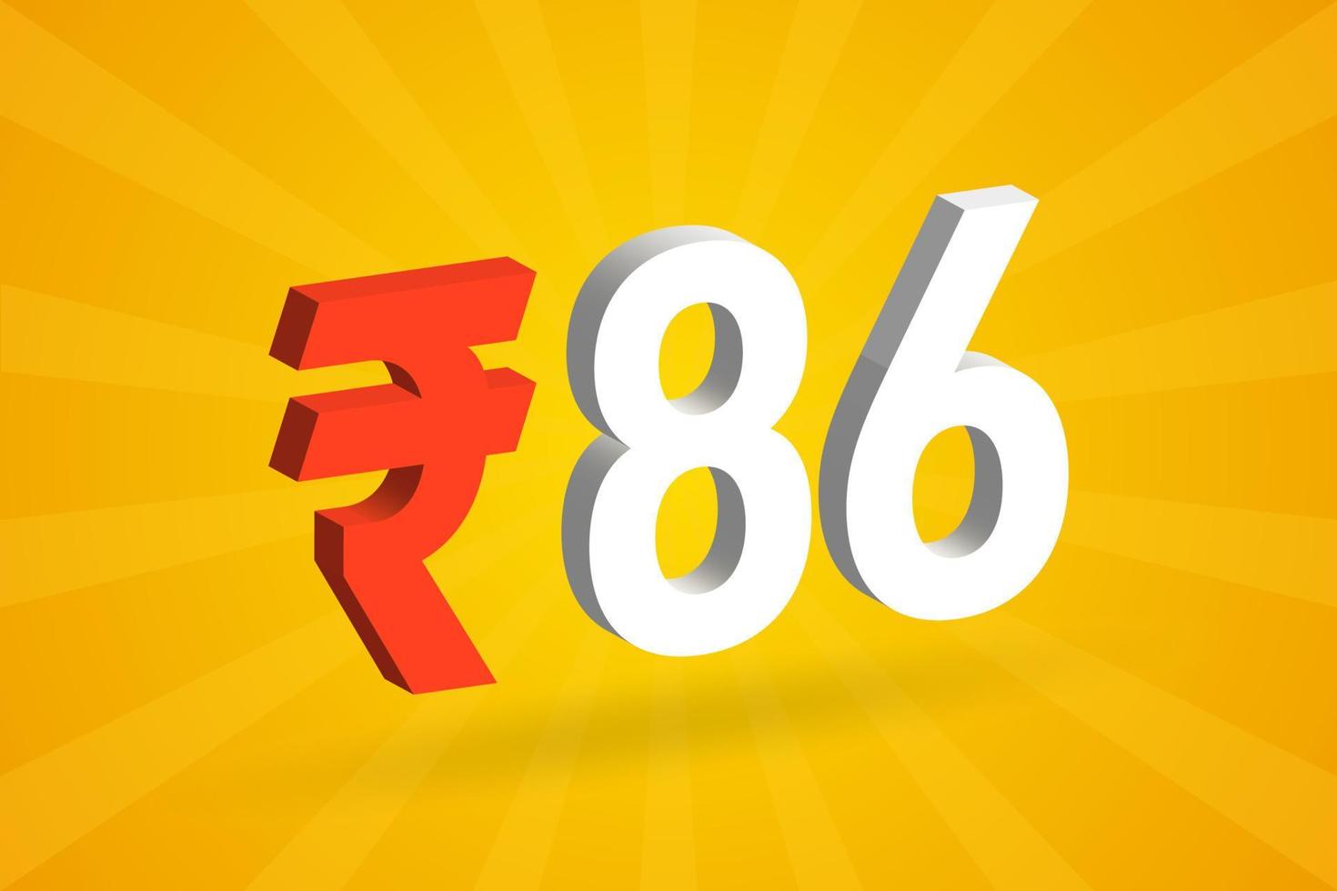 86 Rupee 3D symbol bold text vector image. 3D 86 Indian Rupee currency sign vector illustration