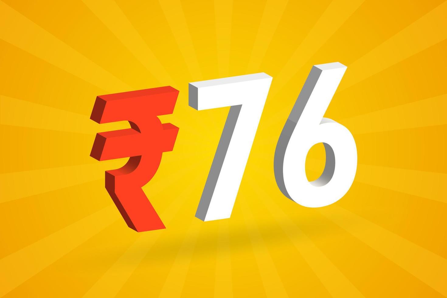 76 Rupee 3D symbol bold text vector image. 3D 76 Indian Rupee currency sign vector illustration