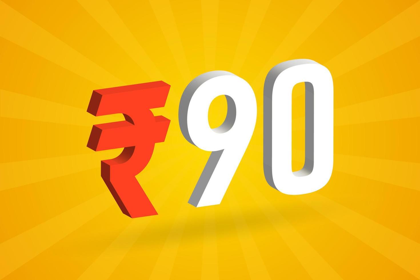 90 Rupee 3D symbol bold text vector image. 3D 90 Indian Rupee currency sign vector illustration