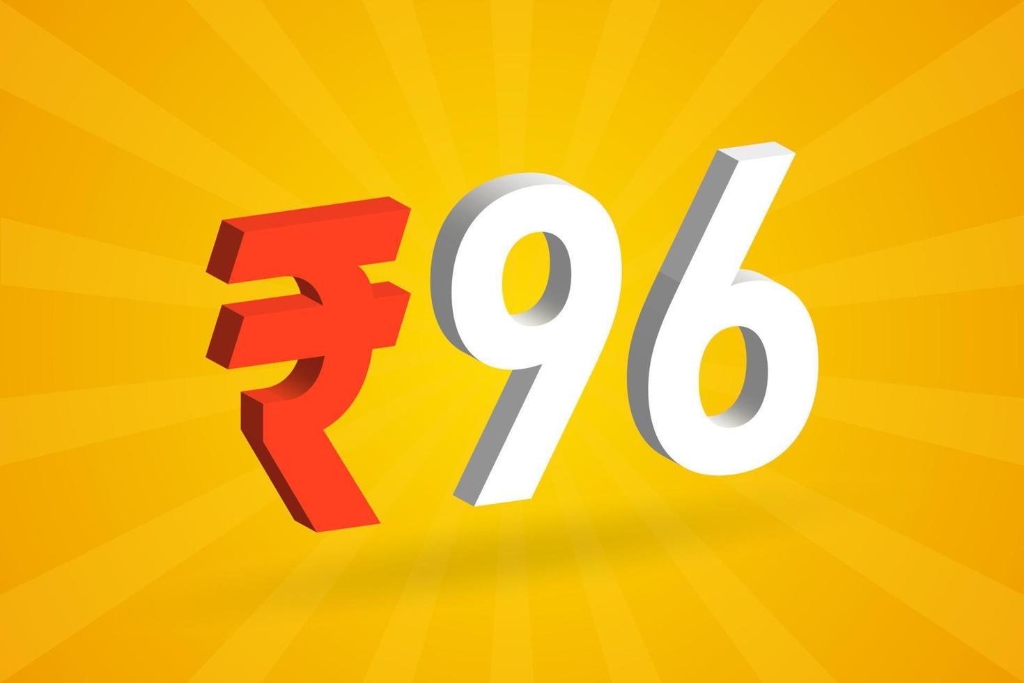 96 Rupee 3D symbol bold text vector image. 3D 96 Indian Rupee currency sign vector illustration