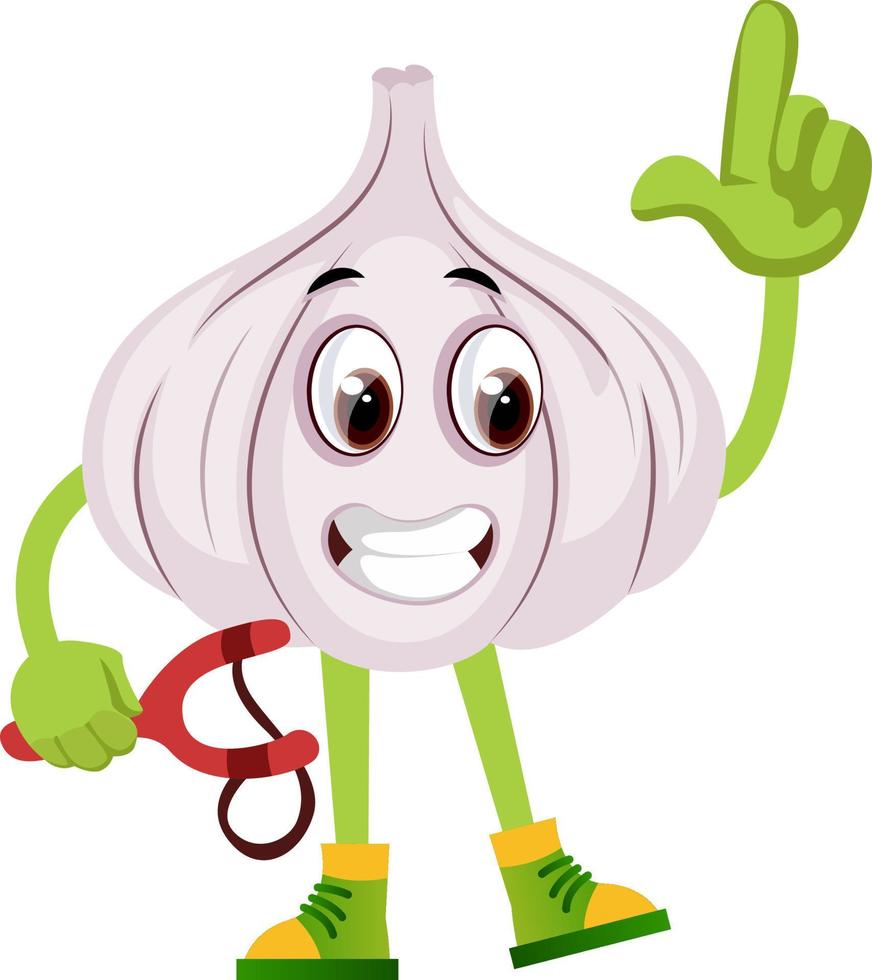 Garlic with sling shot, illustration, vector on white background.