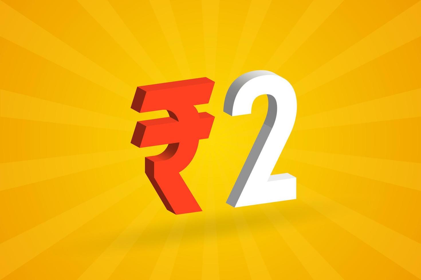 2 Rupee 3D symbol bold text vector image. 3D 2 Indian Rupee currency sign vector illustration