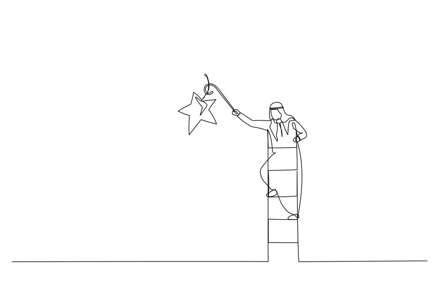 Cartoon of arab businessman climbing up ladder to the top high into the sky to grab the star. Single line art style vector