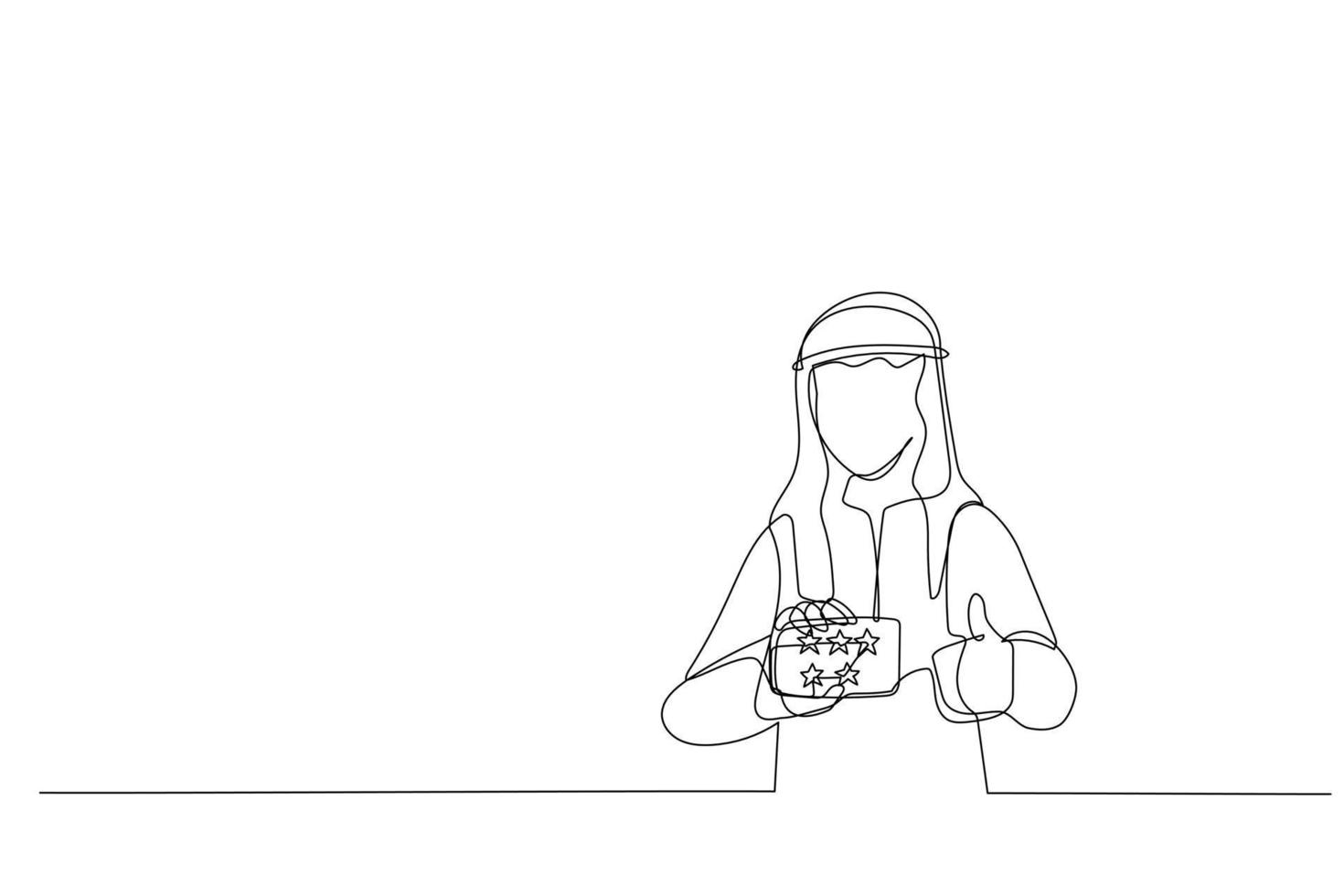 Illustration of arab businessman showing five yellow stars card and thumbs up. Continuous line art style vector
