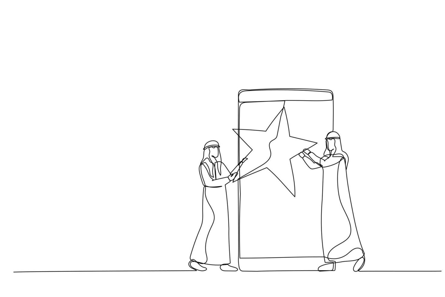 Cartoon of arab businessman are holding a gold star in hands. Single line art style vector