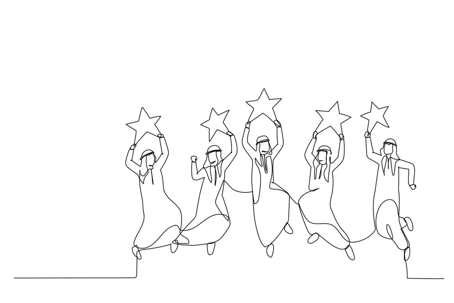 caricatura de un hombre de negocios árabe saltando y sosteniendo estrellas doradas de revisión. metáfora de la calificación empresarial. estilo de arte de una línea vector
