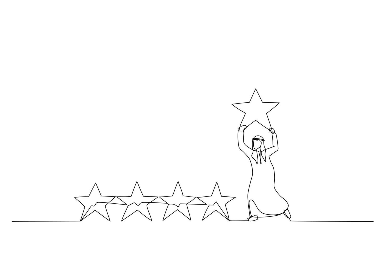 Drawing of arab businessman holding golden yellow star to added to 5 stars rating. One line style art vector