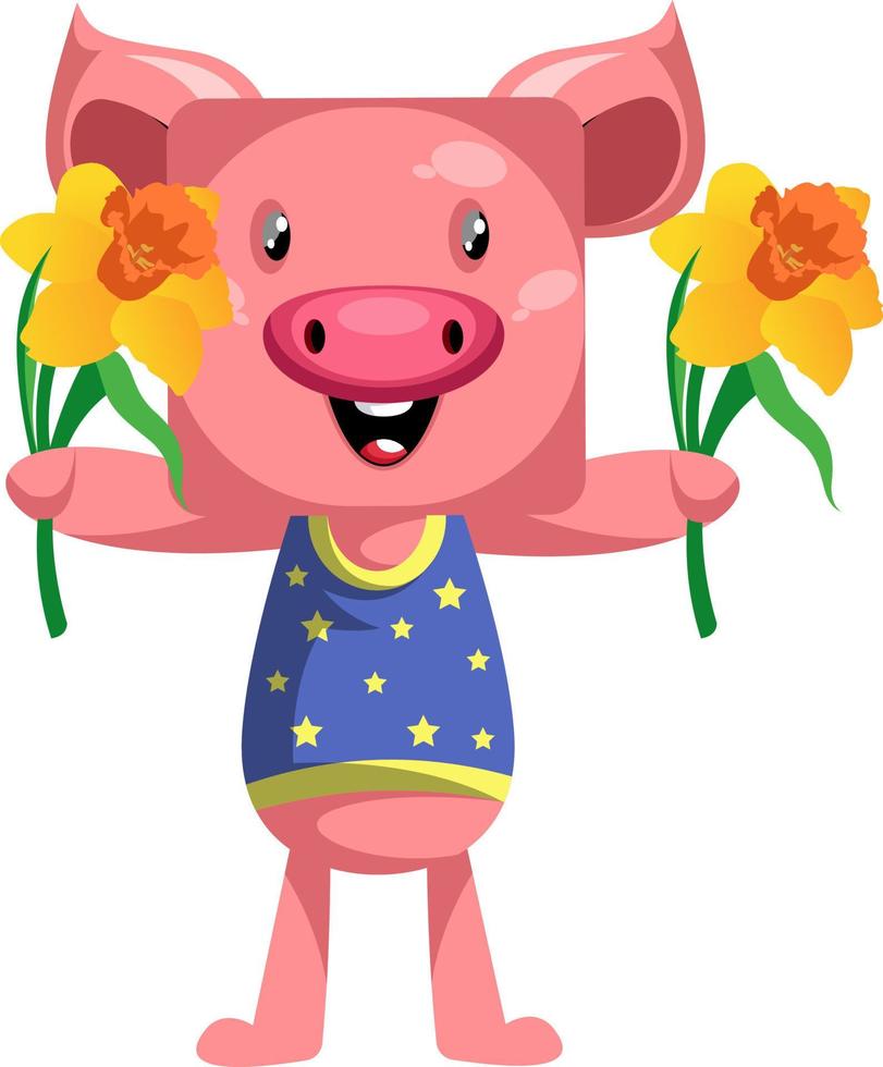 Pig with flowers, illustration, vector on white background.