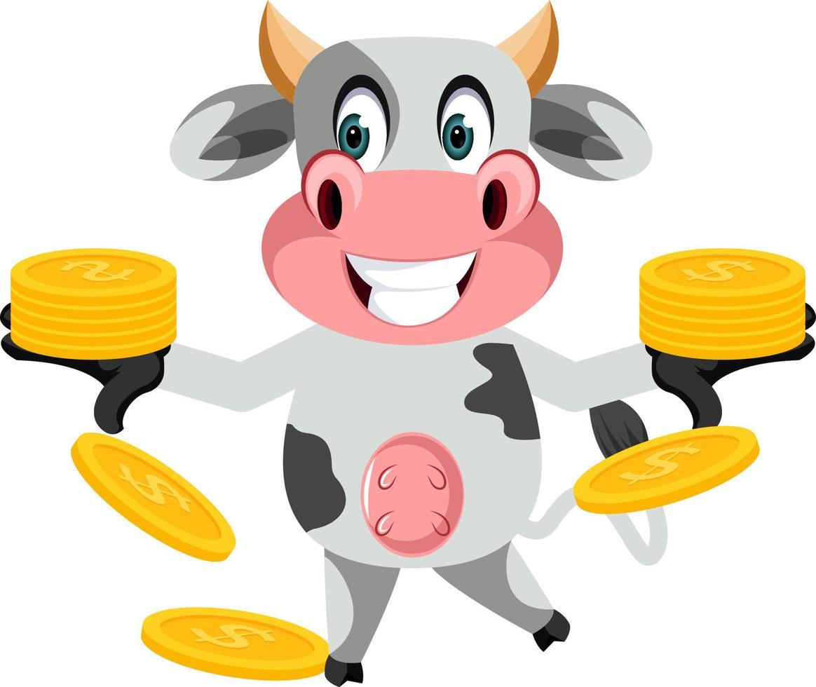 Cow with coins, illustration, vector on white background.