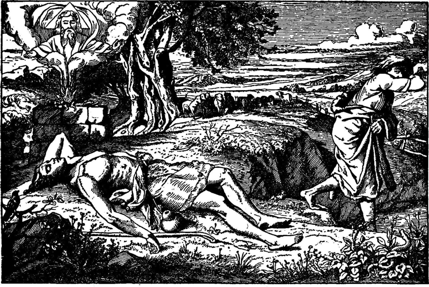 Cain and Abel- Cain Runs Away as Abel Lies Dead on the Ground vintage illustration. vector