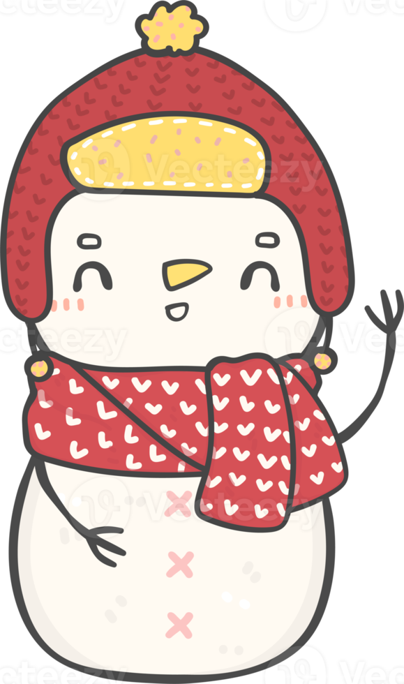 cute happy smile Christmas winter Snowman with scarf and hat cartoon doodle hand drawing png