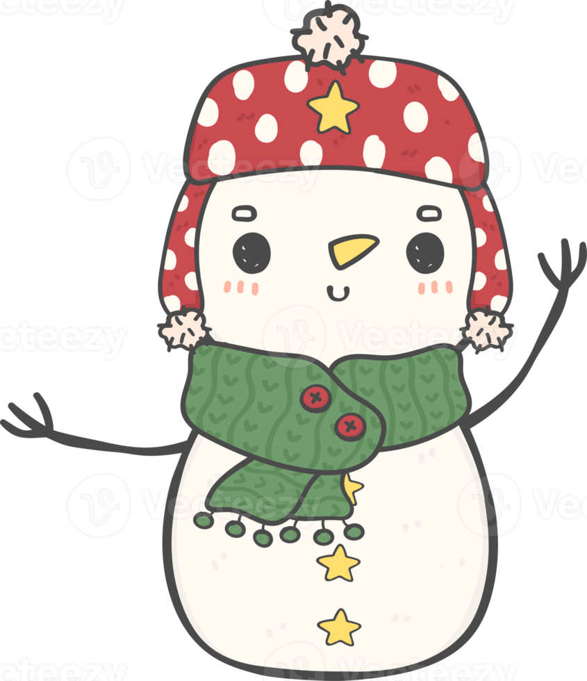 linda sonrisa feliz navidad invierno muñeco de nieve con bufanda y sombrero dibujos animados garabato dibujo a mano png