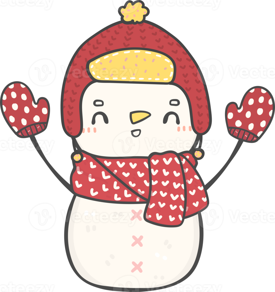 mignon sourire heureux noël hiver bonhomme de neige avec écharpe et chapeau dessin animé doodle dessin à la main png