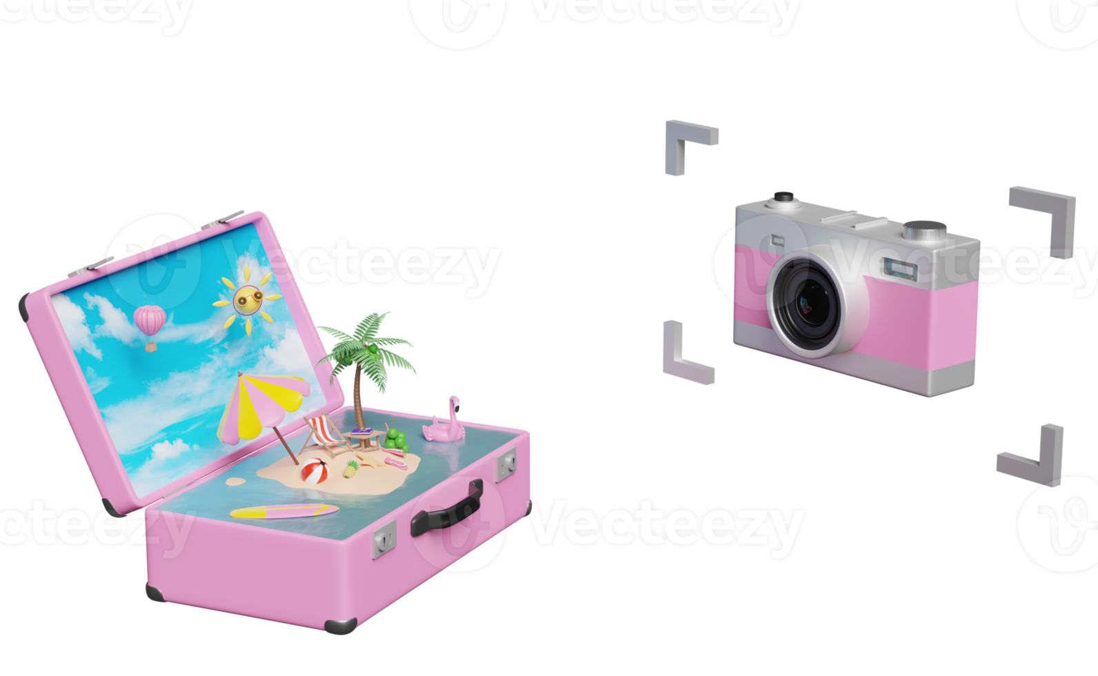 viagens de verão com câmera prata rosa, mala, cadeira de praia, ilha, câmera, guarda-chuva, flamingo inflável, coqueiro isolado. ilustração 3d do conceito ou renderização 3d png