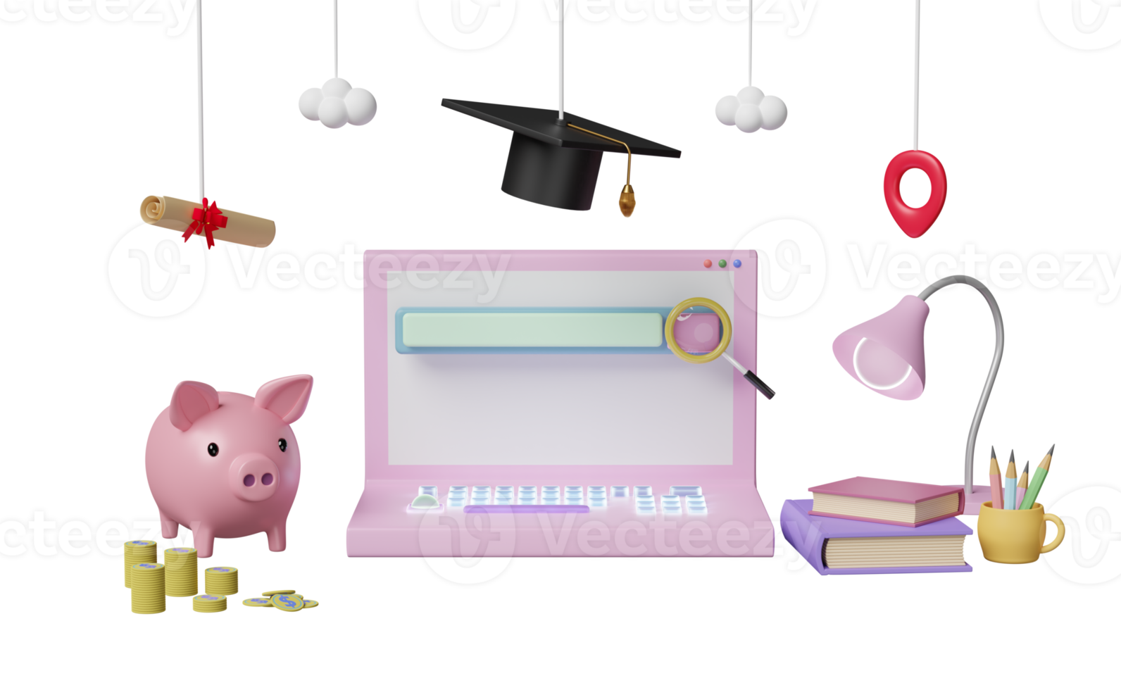computer with search bar, magnifying, hat graduation, money coins, diploma rolled, piggy bank saving isolated. investment education or scholarships concept, 3d illustration, 3d render png