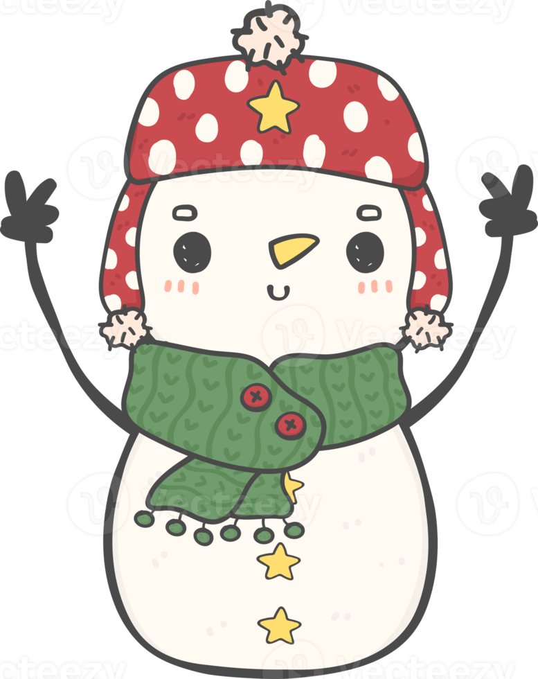 linda sonrisa feliz navidad invierno muñeco de nieve con bufanda y sombrero dibujos animados garabato dibujo a mano png