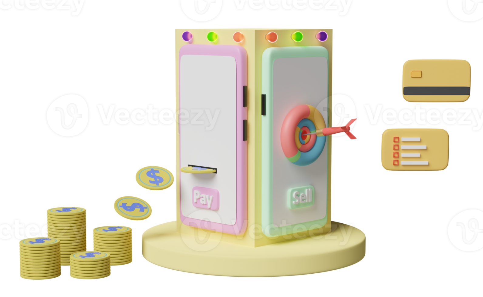 mobile phone or smartphone on podium with store front, coins, credit card, target, darts isolated. pay or buy saving money concept, 3d illustration or 3d render png