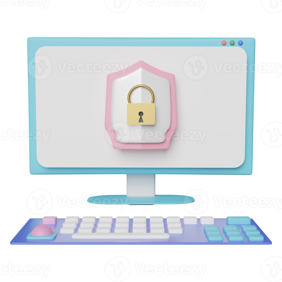 3d computer with golden lock, shield isolated. Internet security or privacy protection or ransomware protect concept, 3d render illustration png