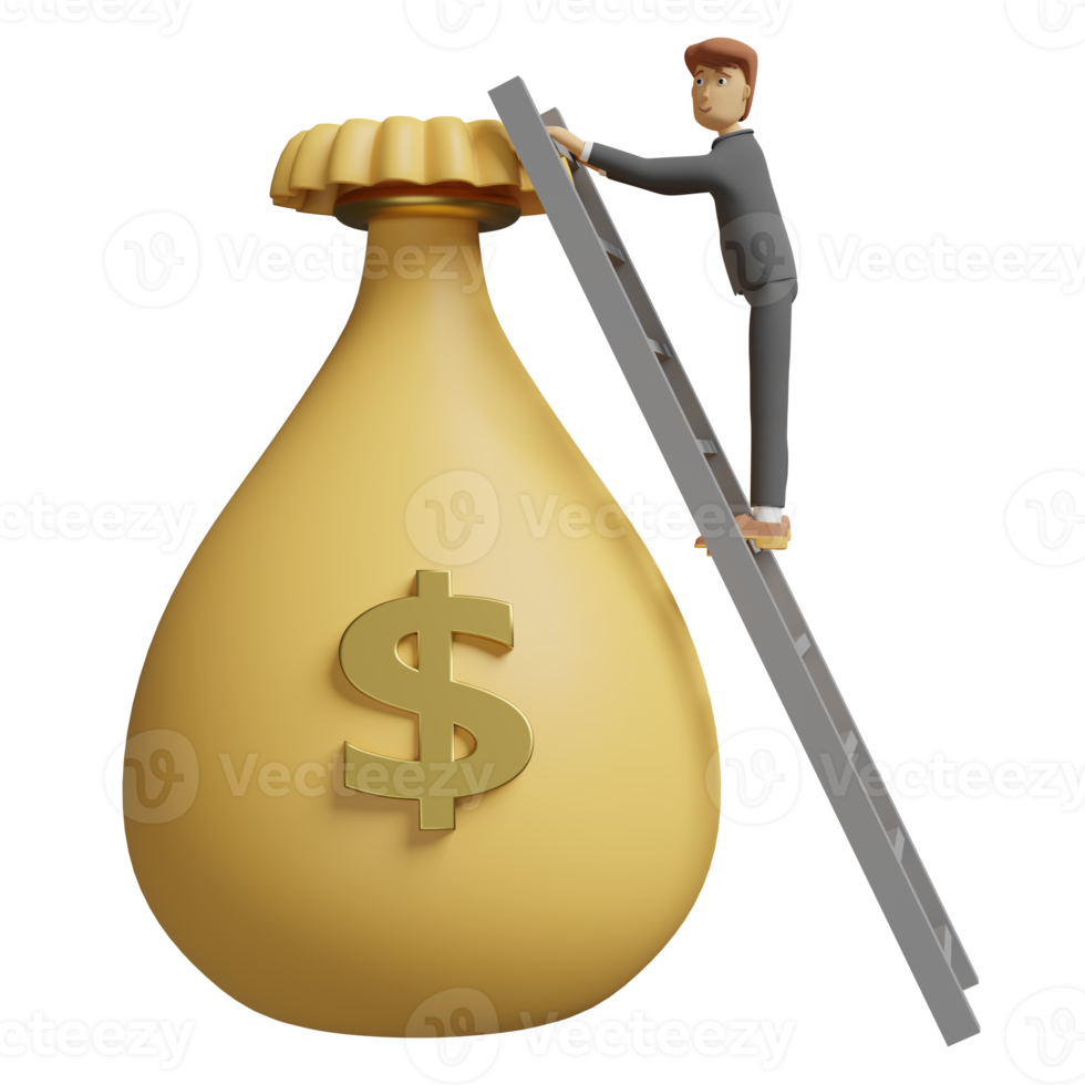 cartoon businessman on stairs with money bag isolated. Quick credit approval or loan approval concept, 3d illustration or 3d render png