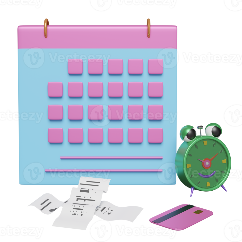 despertador de personaje de dibujos animados hora de despertarse por la mañana con calendario, tarjeta de crédito, factura o recibo de cheque en papel, espacio aislado. concepto de ilustración 3d o renderizado 3d png