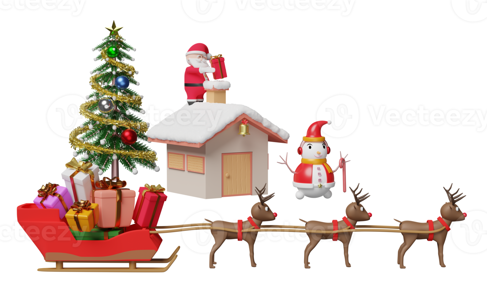 trenó de renas com papai noel, casa, caixa de presente, árvore de natal isolada. site ou cartaz ou cartões de felicidade, banner e ano novo festivo, ilustração 3d ou renderização 3d png