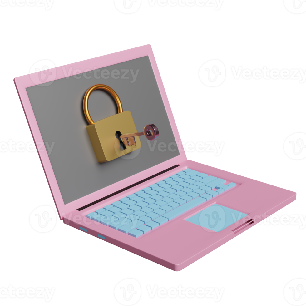 laptop computer with golden lock and copper key isolated. Internet security or privacy protection concept, Isometric 3d illustration or 3d render png