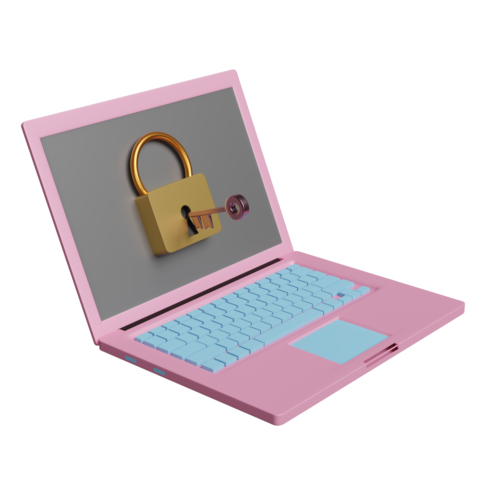 laptop computer with golden lock and copper key isolated.
