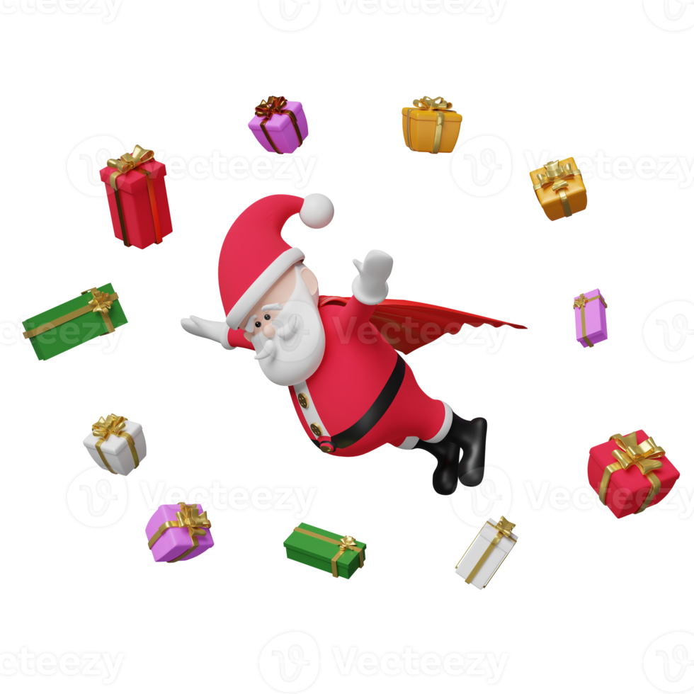 Santa claus with gift box isolated. website, poster or Happiness cards, festive New Year concept, 3d illustration or 3d render png